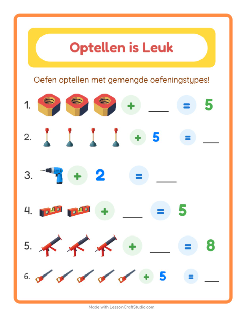Voorbeeld van Optellen tot 10 met gereedschappen – werkblad voor groep 3