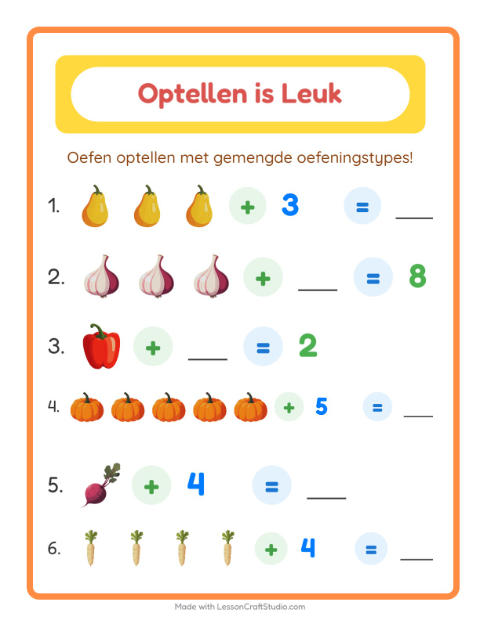 Voorbeeld van het Optellen-werkblad met Groenten voor kleuterklas