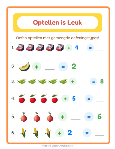 Voorbeeld van het Optellen-werkblad met In de supermarkt voor kleuterklas