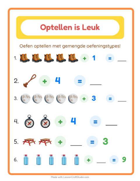 Voorbeeld van het Optellen-werkblad met Kamperen voor kleuterklas