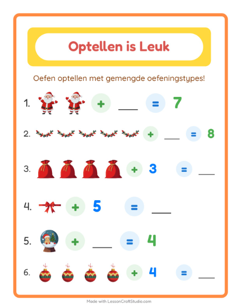 Voorbeeld van het Optellen-werkblad met Kerstmis voor kleuterklas