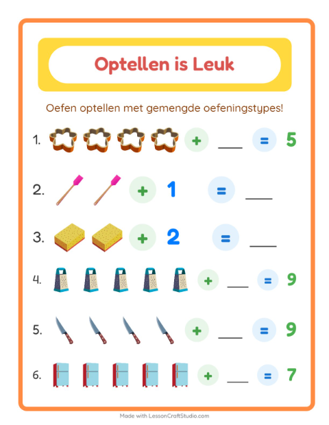 Voorbeeld van Optellen tot 10 met keukenspullen – werkblad voor groep 3
