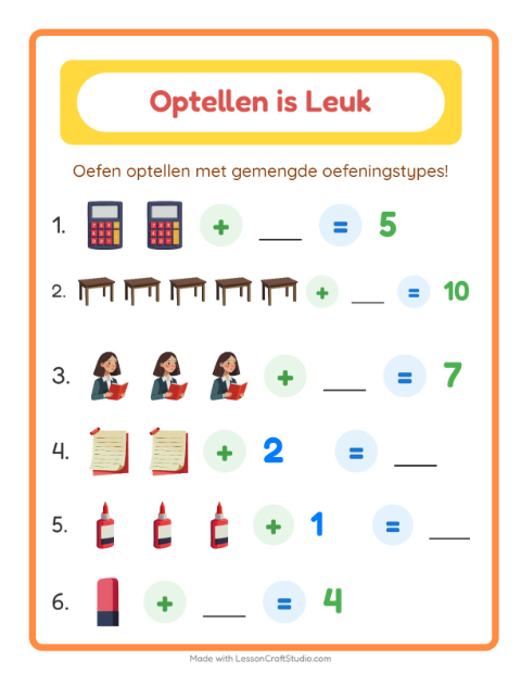 Voorbeeld van het Optellen-werkblad met Klaslokaal voor kleuterklas