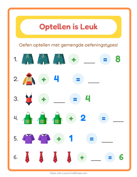 Voorbeeld van het Optellen-werkblad met Kleding voor kleuterklas
