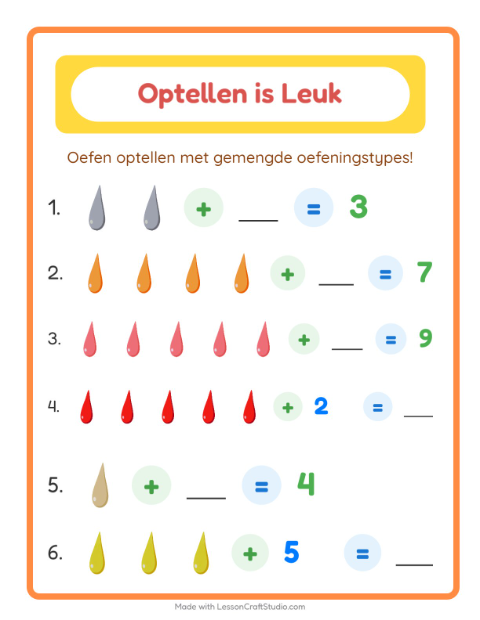 Voorbeeld van het Optellen-werkblad met Kleuren voor kleuterklas