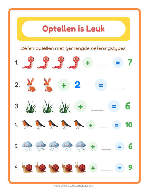 Voorbeeld van het Optellen-werkblad met Lente voor kleuterklas