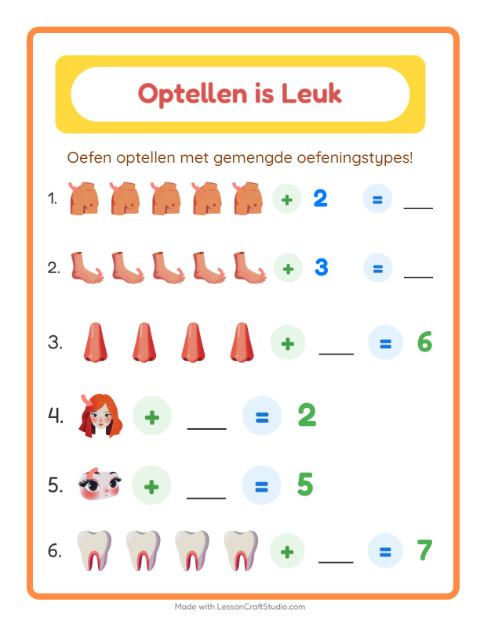 Voorbeeld van het Optellen-werkblad met Lichaamsdelen voor kleuterklas