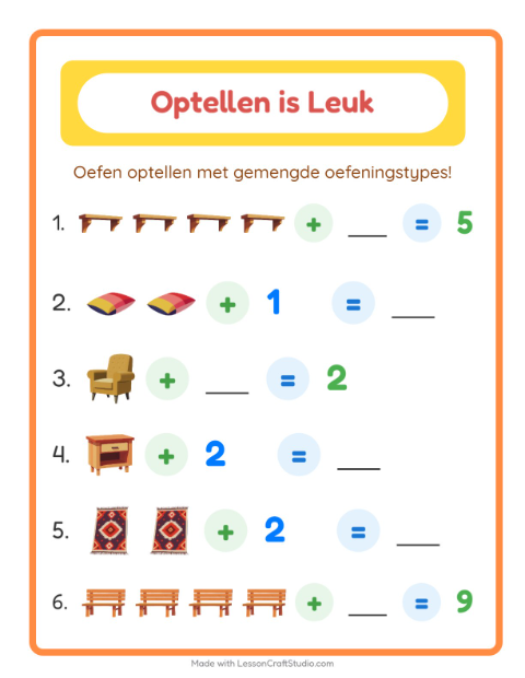 Voorbeeld van het Optellen-werkblad met Meubels voor kleuterklas