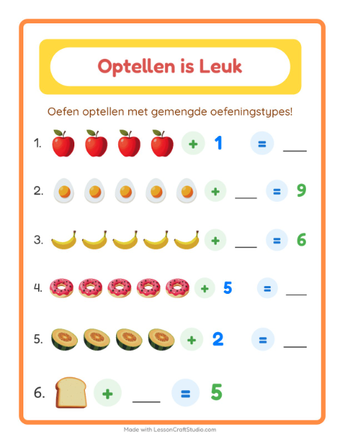 Voorbeeld van het Optellen-werkblad met Ontbijt voor kleuterklas
