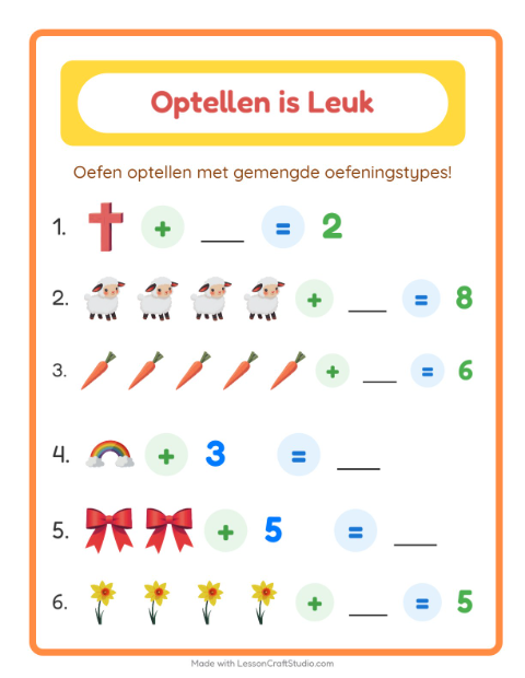 Voorbeeld van het Optellen-werkblad met Pasen voor kleuterklas