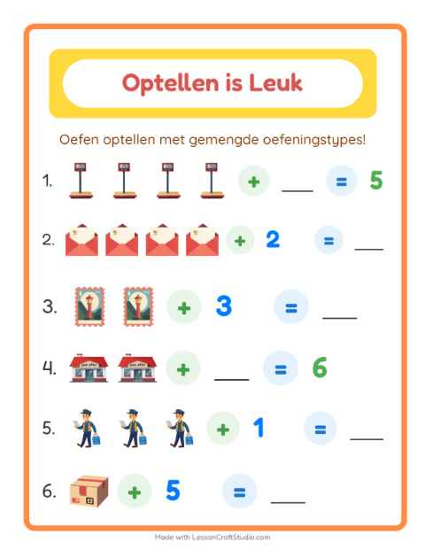Voorbeeld van het Optellen-werkblad met Postkantoor voor kleuterklas