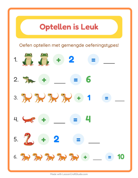 Voorbeeld van het Optellen-werkblad met Reptielen en amfibieën voor kleuterklas