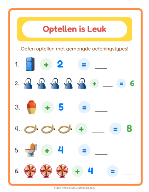 Voorbeeld van het Optellen-werkblad met Rond het huis voor kleuterklas