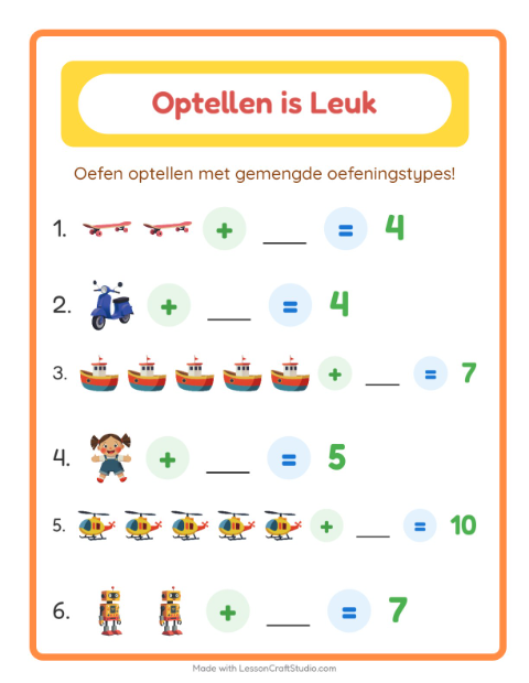 Voorbeeld van Optellen tot 10 met speelgoedjes – werkblad voor groep 3
