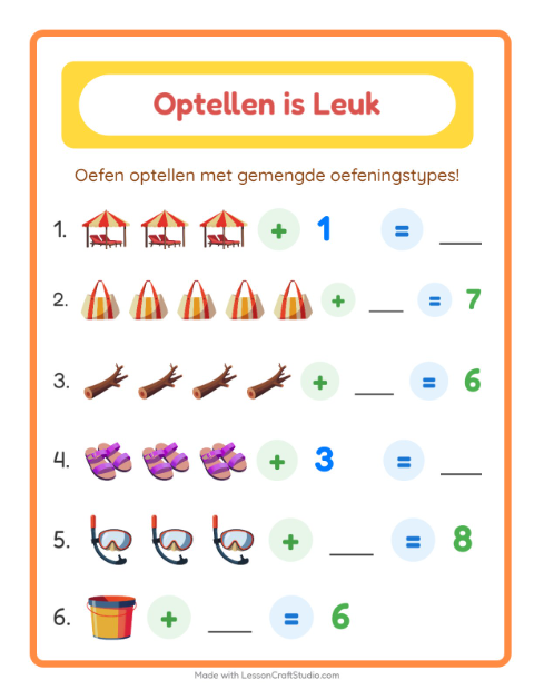 Voorbeeld van het Optellen-werkblad met Strand voor kleuterklas