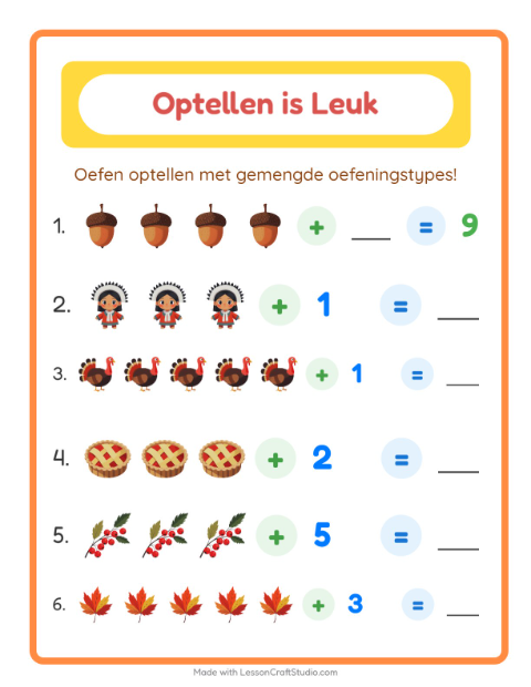 Voorbeeld van het Optellen-werkblad met Thanksgiving voor kleuterklas