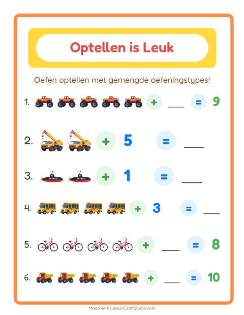 Voorbeeld van het Optellen-werkblad met Voertuigen voor kleuterklas