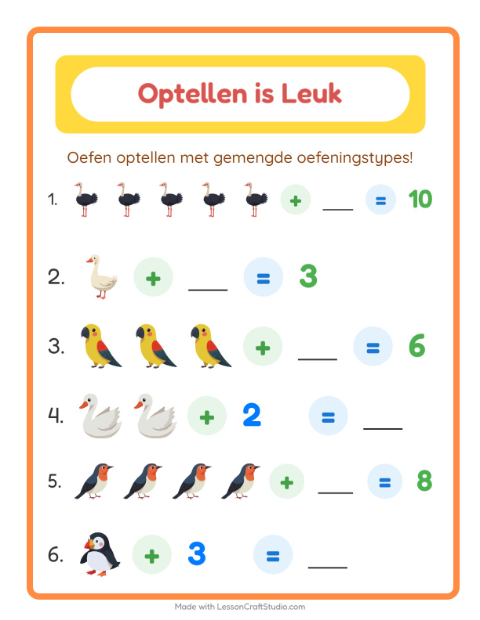 Voorbeeld van het Optellen-werkblad met Vogels 2 voor kleuterklas