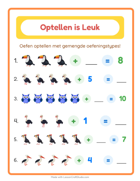 Voorbeeld van het Optellen-werkblad met Vogels voor kleuterklas