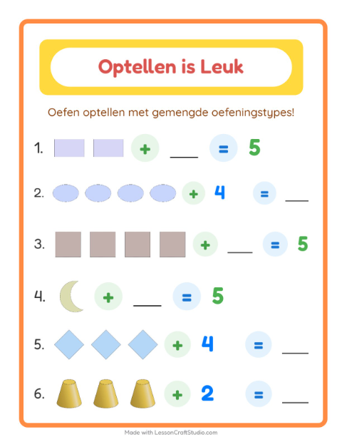 Voorbeeld van het Optellen-werkblad met Vormen voor kleuterklas