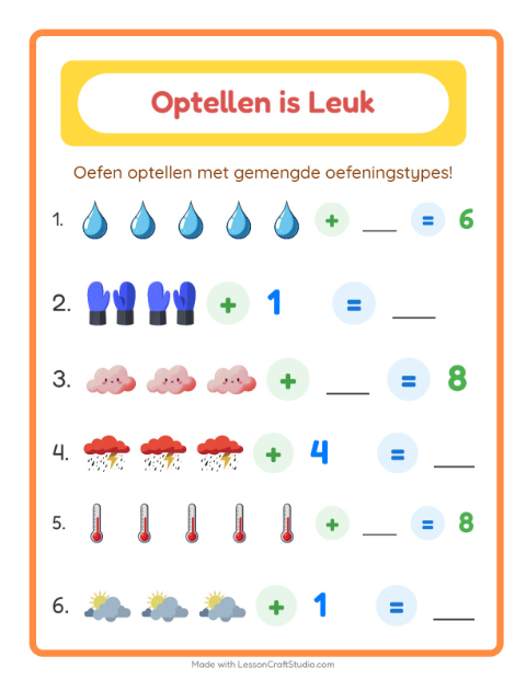 Voorbeeld van het Optellen-werkblad met Weer voor kleuterklas