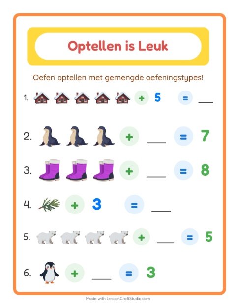 Voorbeeld van het Optellen-werkblad met Winter voor kleuterklas