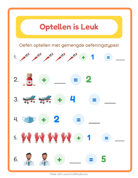 Voorbeeld van het Optellen-werkblad met Ziekenhuis voor kleuterklas