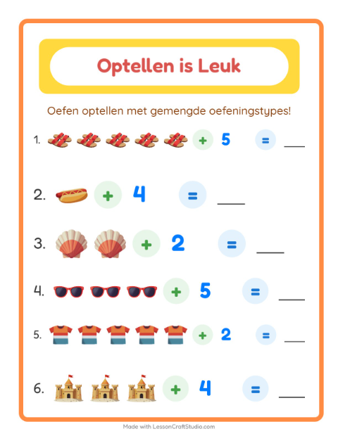 Voorbeeld van het Optellen-werkblad met Zomer voor kleuterklas