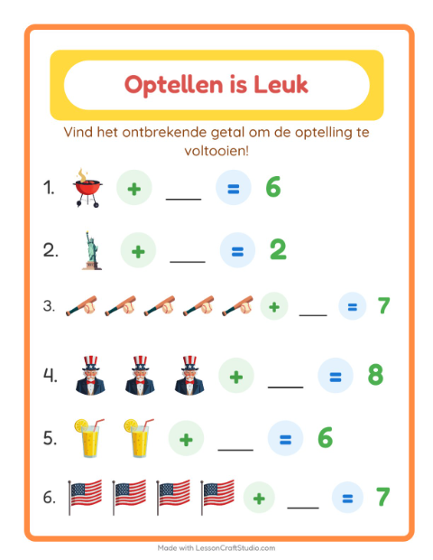 Voorbeeld van het Optellen-werkblad met 4 juli voor kleuterklas