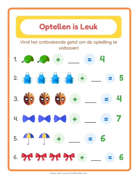 Voorbeeld van het Optellen-werkblad met Accessoires voor kleuterklas