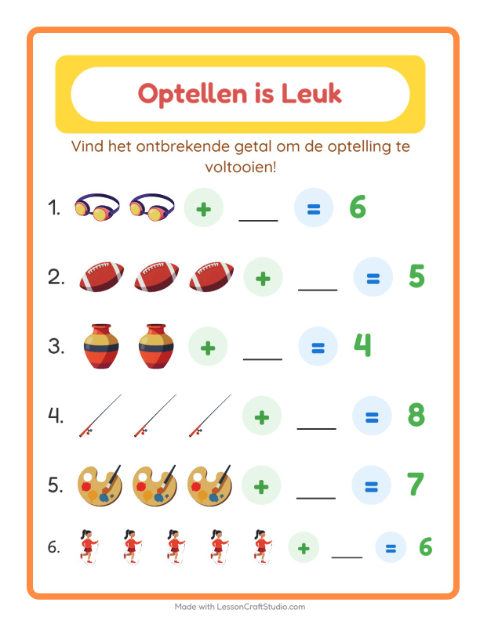 Voorbeeld van het Optellen-werkblad met Activiteiten voor kleuterklas