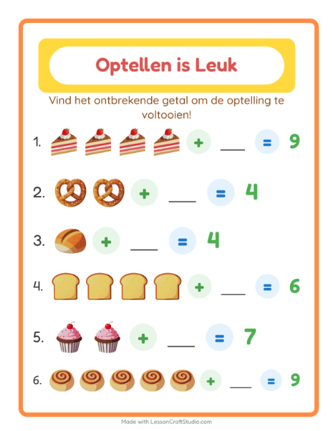 Voorbeeld van het Optellen-werkblad met Bakkerij voor kleuterklas