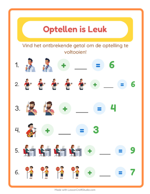 Voorbeeld van het Optellen-werkblad met Beroepen voor kleuterklas