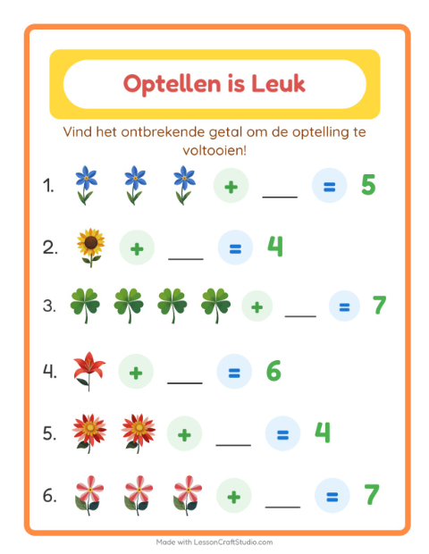 Voorbeeld van het Optellen-werkblad met Bloemen voor kleuterklas