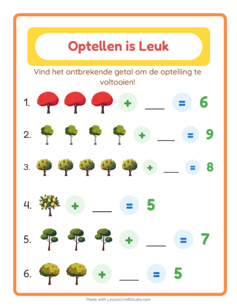 Voorbeeld van het Optellen-werkblad met Bomen voor kleuterklas