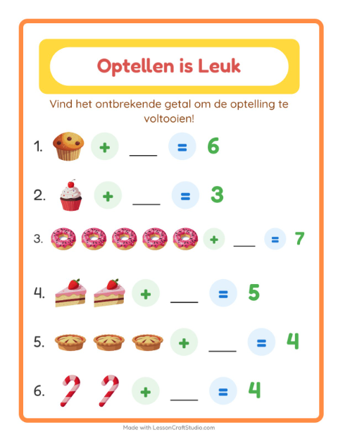 Voorbeeld van het Optellen-werkblad met Desserts en snoep voor kleuterklas