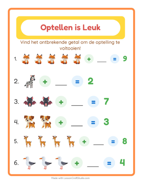 Optellen tot 10 – Dieren
