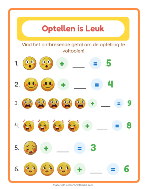 Voorbeeld van het Optellen-werkblad met Emoties voor kleuterklas