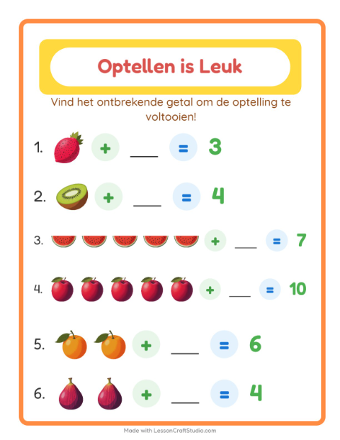 Voorbeeld van het Optellen-werkblad met Fruit voor kleuterklas