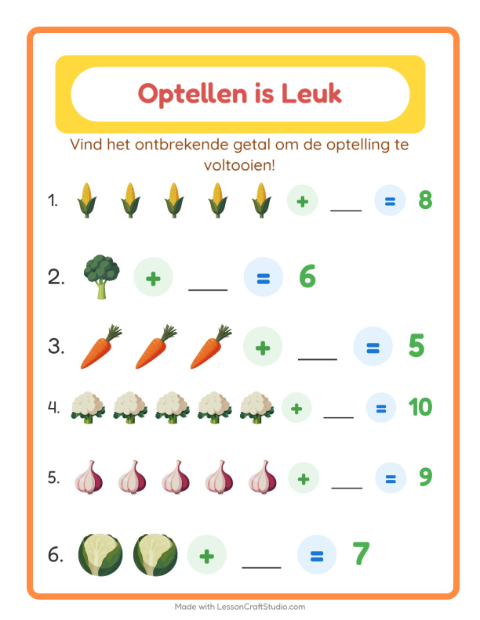 Voorbeeld van het Optellen-werkblad met Groenten voor kleuterklas