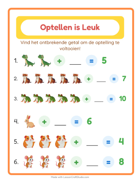 Optellen tot 10 – Huisdieren