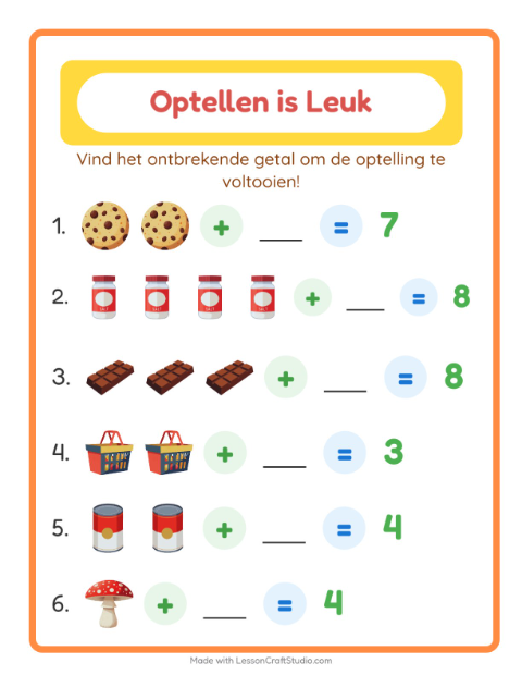 Voorbeeld van het Optellen-werkblad met In de supermarkt voor kleuterklas