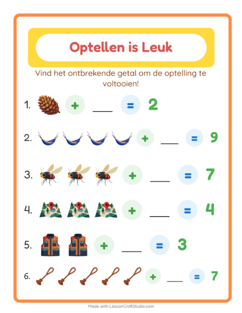 Voorbeeld van het Optellen-werkblad met Kamperen voor kleuterklas