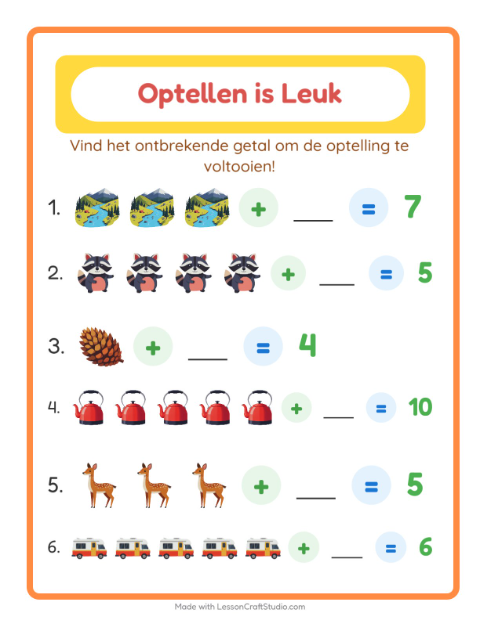 Voorbeeld van het Optellen-werkblad met Kamperen voor kleuterklas
