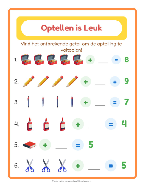 Voorbeeld van het Optellen-werkblad met Klaslokaal voor kleuterklas