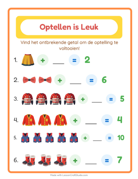 Voorbeeld van het Optellen-werkblad met Kleding voor kleuterklas