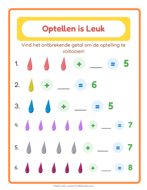 Voorbeeld van het Optellen-werkblad met Kleuren voor kleuterklas