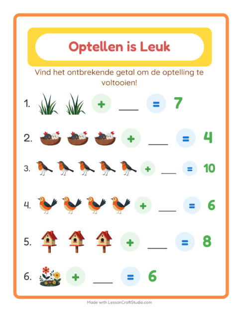 Voorbeeld van het Optellen-werkblad met Lente voor kleuterklas