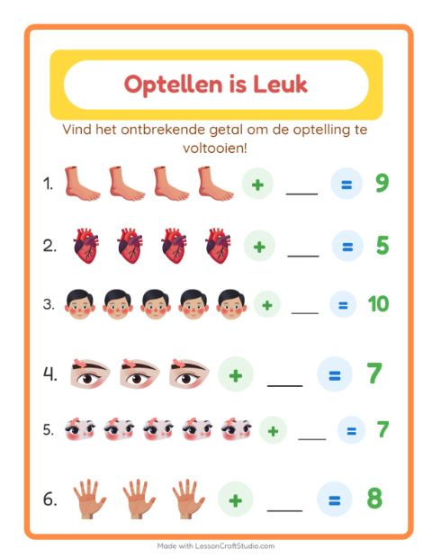 Voorbeeld van het Optellen-werkblad met Lichaamsdelen voor kleuterklas