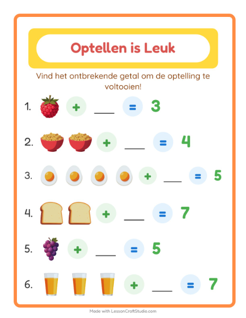 Voorbeeld van het Optellen-werkblad met Ontbijt voor kleuterklas